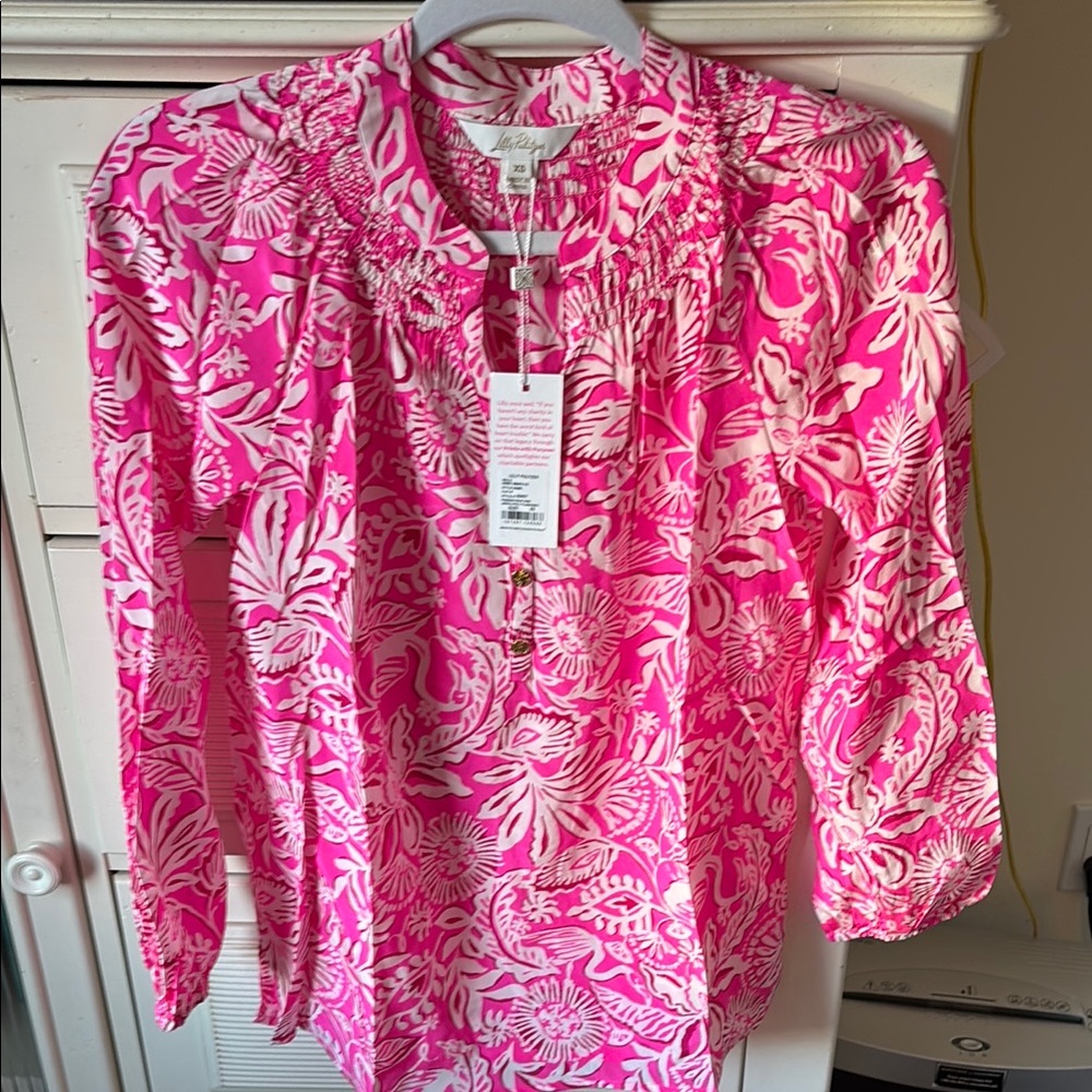 Pink and White Ruffled Blouse with 3/4 Sleeves and Mandarin Collar